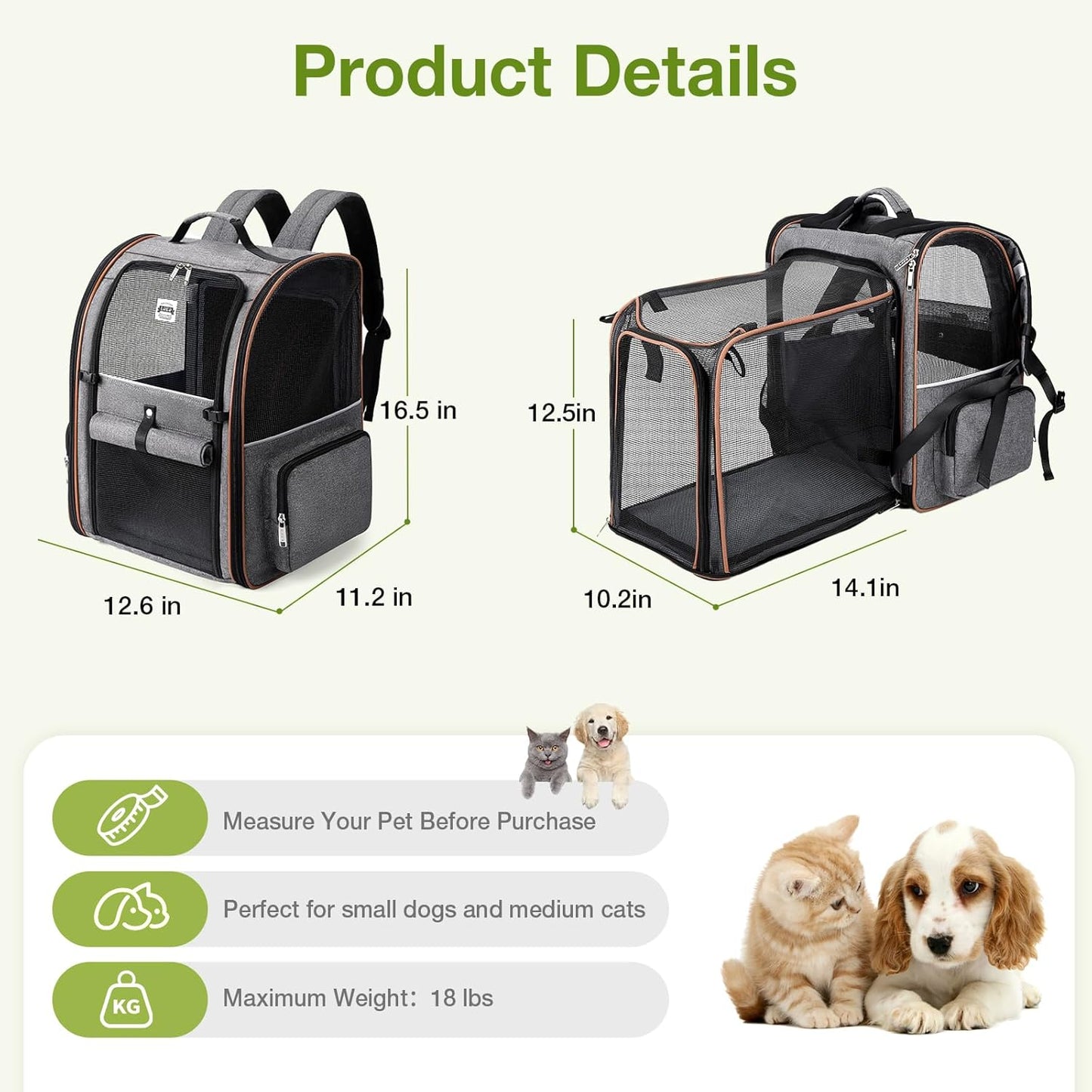 Expandable Large Cat Backpack Carrier - Perfect for Small Dogs & Medium Cats up to 18 lbs, Travel-Friendly & Foldable, Stylish Grey Design
